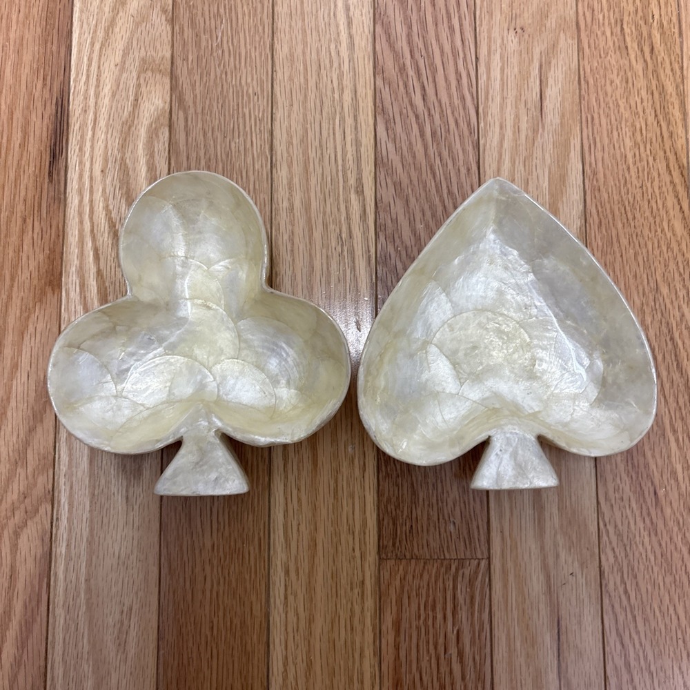 2 Vintage Mother of Pearl Inserts in Wood Nut‎ Candy Bowls Dishes Club & Spade